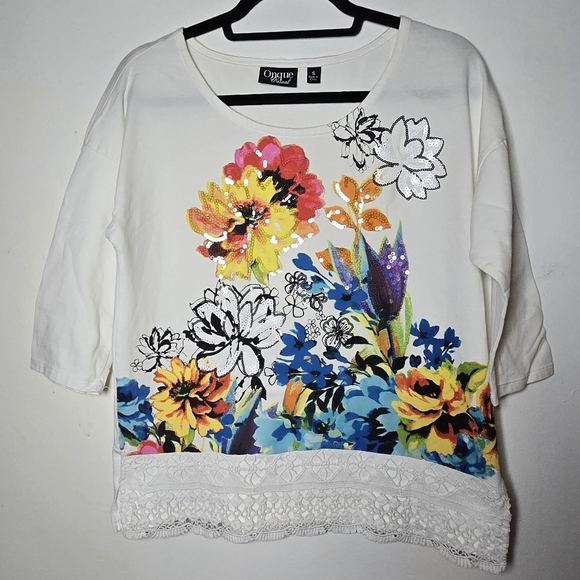 Onque Womens Casual Floral Tunic with Sequin & Crochet Accents Size Small - Picture 9 of 14